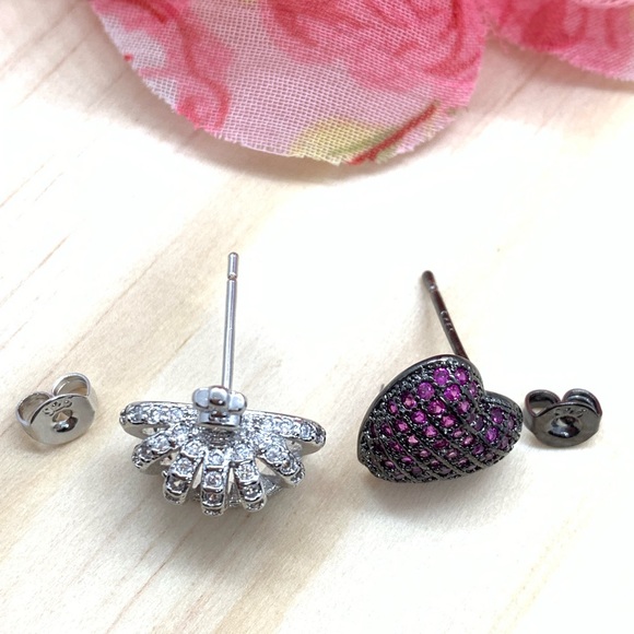 Sterling Silver 925 CZ Crown Heart Earrings - Picture 2 of 3